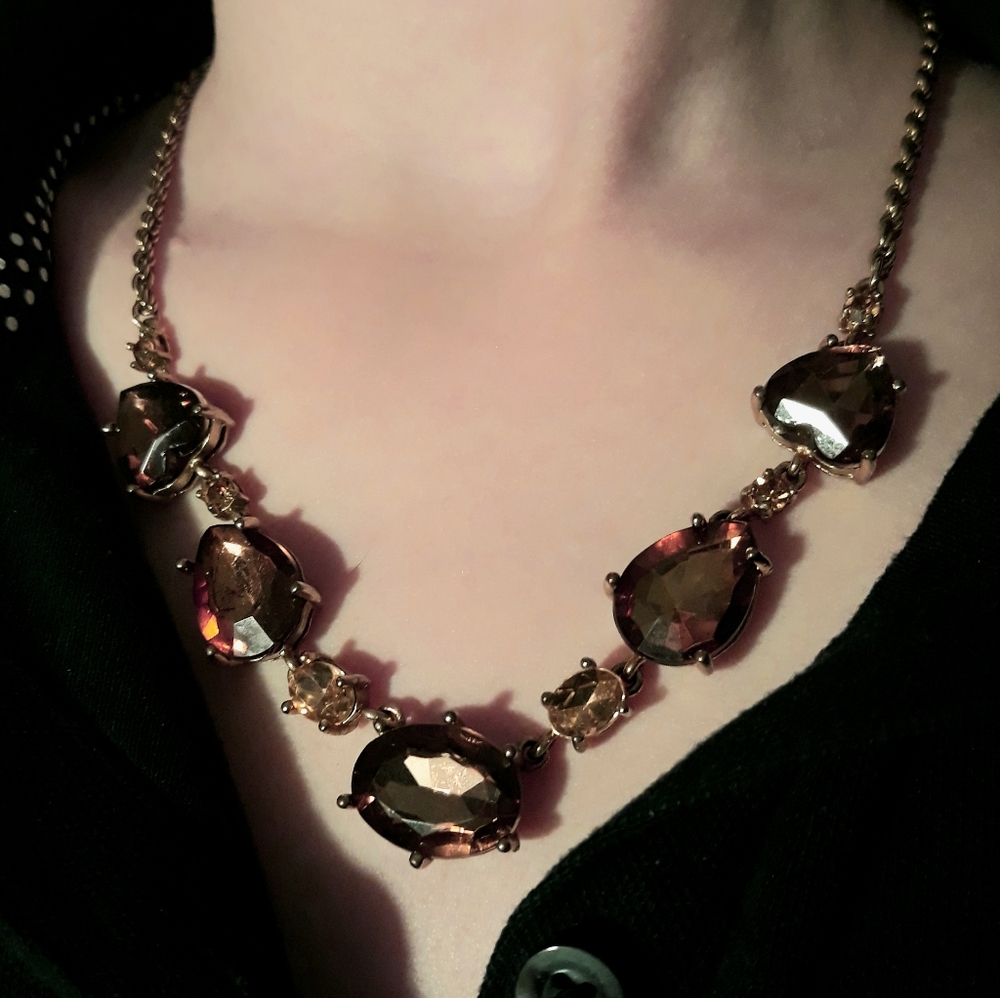 Cabochon Amber Brown 16" Vintage Necklace Hearts Tear Oval Gold